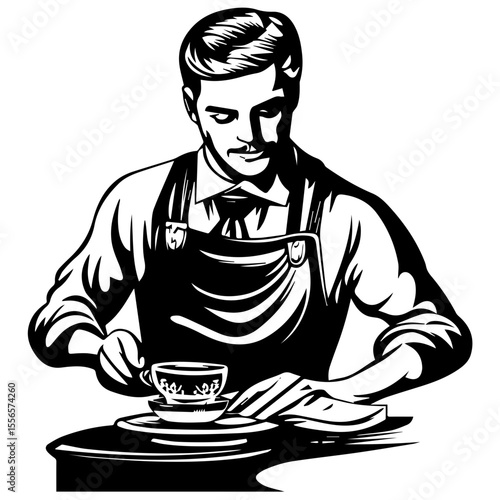 A waiter in a suit holds a tray. Waiter with a dish. Cartoon Vector