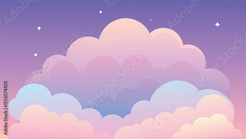 Pastel cloudscape illustration featuring fluffy clouds and sparkling stars on a gradient sky