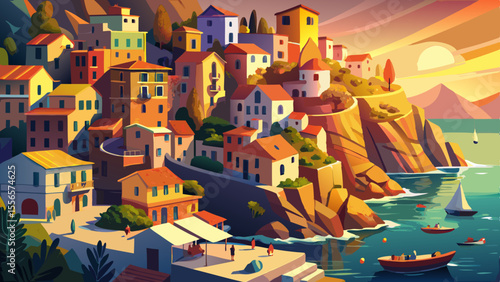 Colorful villages cling to steep cliffs above the Mediterranean. Small boats bob in quiet harbors, while narrow alleys glow with soft golden light.