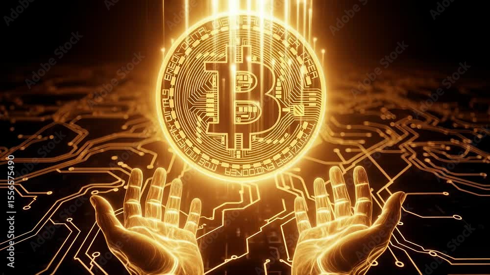 Glowing Golden Bitcoin in Circuit Board Hands
