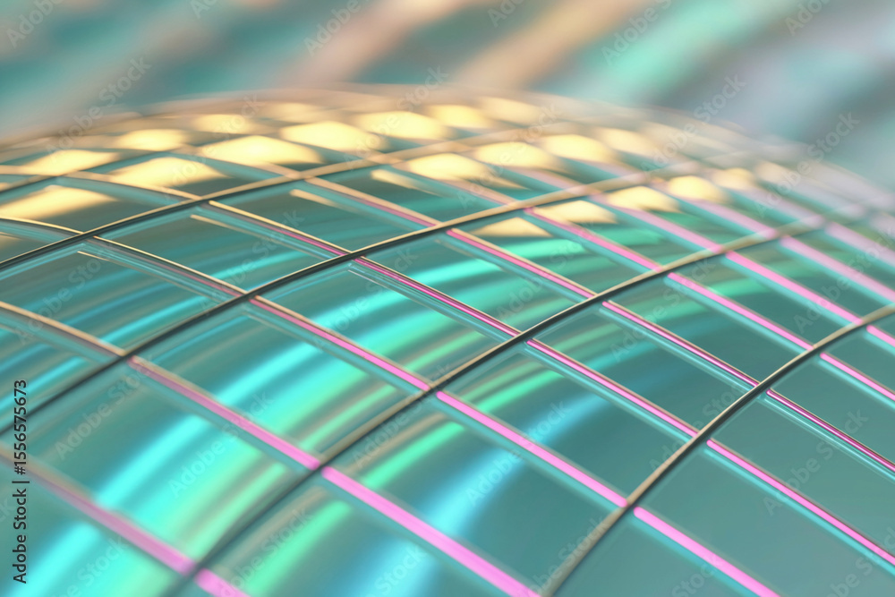 A close-up macro photograph of a curved metallic surface with a grid-like pattern. The surface has a turquoise and mint green color scheme with iridescent reflections creating a holographic effect. A close-up macro photograph of a curved metallic surface with a grid-like pattern. The surface has a turquoise and mint green color scheme with iridescent reflections creating a holographic effect.
