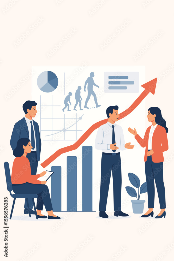 Business team analyzes an evolutionary scale chart for company growth. Office workers meeting discussing corporate strategy with data infographics. Successful progress presentation. Business team analyzes an evolutionary scale chart for company growth. Office workers meeting discussing corporate strategy with data infographics. Successful progress presentation.