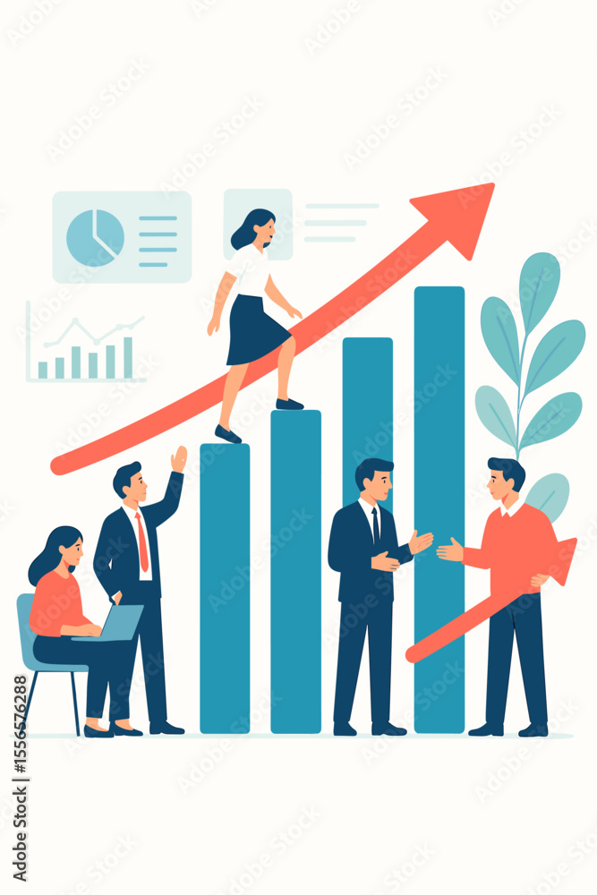 Business people team analyzing financial report data on a bar chart. Corporate collaboration for company growth and success. Woman climbing career ladder up a rising arrow graph. Business people team analyzing financial report data on a bar chart. Corporate collaboration for company growth and success. Woman climbing career ladder up a rising arrow graph.