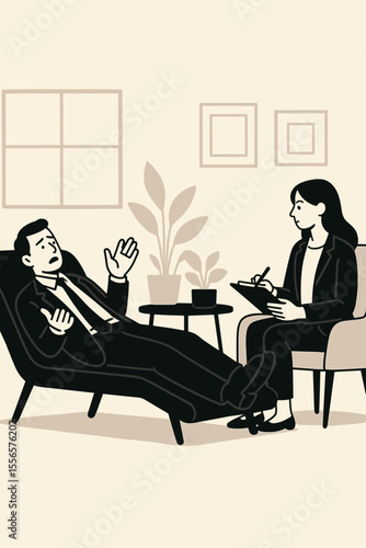 Businessman having therapy with psychologist. Stressed man on couch talks to therapist. Mental health, burnout, depression, anxiety concept. Psychology consultation and psychotherapy.
