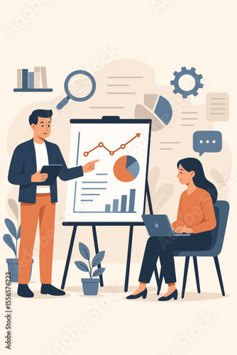 Business presentation with people characters. Man pointing at a flip chart with data analysis, growth charts, and graphs. Startup team working on market research and strategy. Vector.