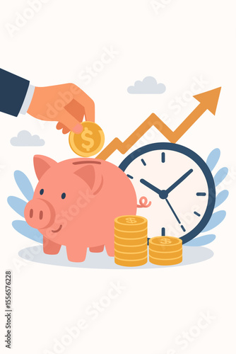 Time is money concept with a piggy bank and clock. Financial investment, money saving for future income growth. Business management and long term savings strategy vector illustration.