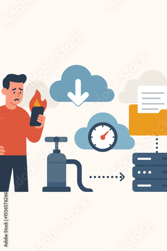 Man with burning phone transfers data to cloud storage. Concept of backup, disaster recovery, and phone failure. Pumping files to a server illustrates data migration and information protection.