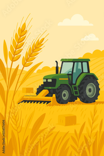 Modern flat vector illustration of green tractor harvesting golden wheat field, ripe grain ears, agricultural machinery, rural landscape, farming process, barley, rye, hay bales, countryside concept