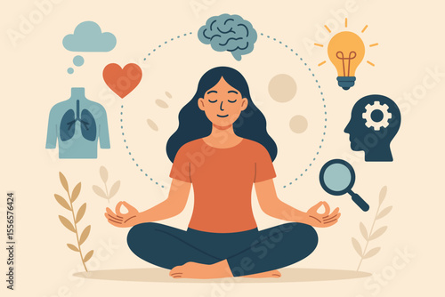 Meditation Benefits for Body Mind and Emotions. Woman Practicing Mindfulness Yoga. Mental Health, Breathing, Thought Process, Idea Generation, Emotional Balance, Self Care, Wellness Concept Vector