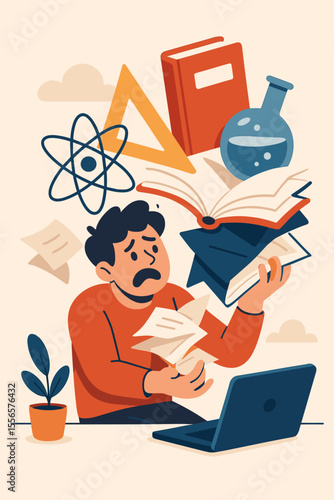 Overwhelmed Student Distance Learning Concept. Stressful Online Education, Exam Preparation, Study Guides, E-Learning, Homeschooling, Books, Science, Homework, Remote Study Challenges