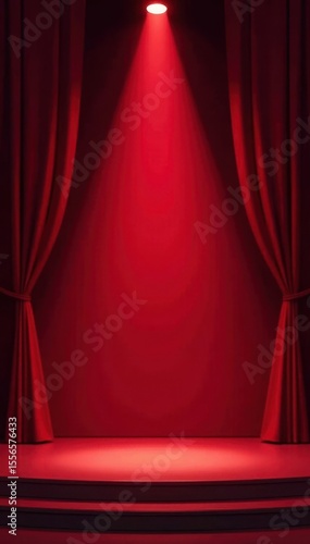 Crimson stage drapes, single spotlight illuminates center, center, dramatic, illuminates