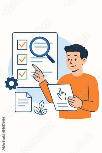 Business process checklist, document requirements, instruction manual, quality control, compliance verification, flat style vector illustration, office workflow, audit, paperwork management concept