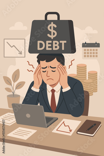 Financial stress and economic crisis vector illustration, business bankruptcy concept, office worker with headache under heavy debt burden, unpaid loan pressure, modern flat cartoon design