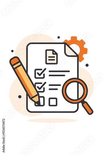 Checklist Document Specification Requirements. Instruction Manual. Quality Control List. Flat Vector Illustration. Pencil, Magnifying Glass, Gear. Business Process Audit, Task Management Concept