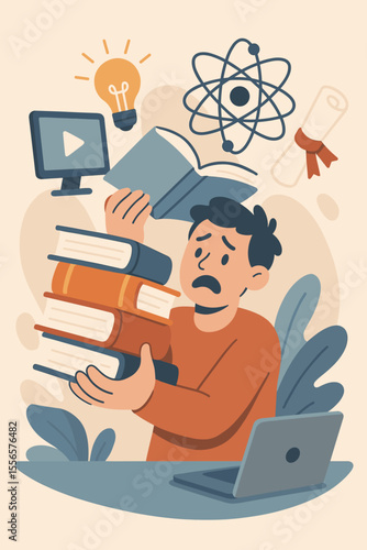 Overwhelmed Student Studying at Home. Distance Education Stress. Online Learning, Exam Preparation, E-Learning Resources, Books, Diploma, Science, Knowledge, Homeschooling, Academic Pressure