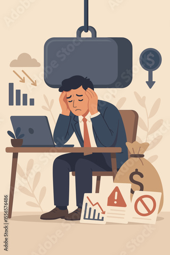 Economic crisis financial problems business bankruptcy stressed office worker debt burden unpaid loan headache money loss declining profits risk warning vector illustration