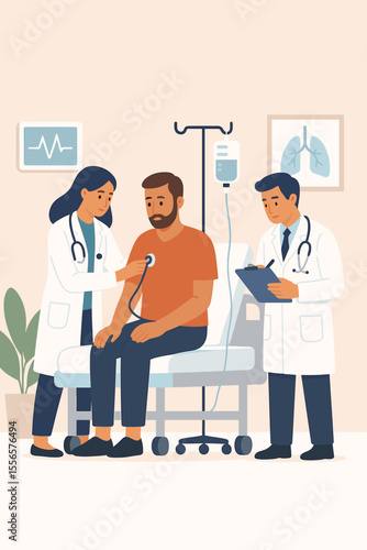Hospital patient routine checkup vector. Sick man on hospital bed receiving IV, doctors in white coats examining, stethoscope, clipboard, healthcare team, medical consultation, clinical care concept.
