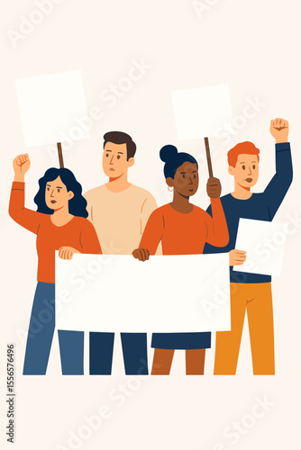 Diverse group of people protesting together, holding blank banners and placards, activism, demonstration, social movement, equality, unity, political rally, flat vector illustration