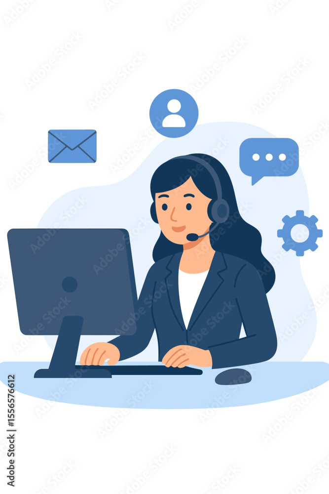 Virtual Business Assistant at Computer Desk with Headset, Online Customer Support, Remote Office Work, Email and Chat Communication, Modern Flat Cartoon Vector Illustration for Corporate Services Virtual Business Assistant at Computer Desk with Headset, Online Customer Support, Remote Office Work, Email and Chat Communication, Modern Flat Cartoon Vector Illustration for Corporate Services