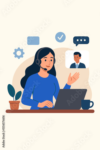 Customer service operator with headset talking on video call. Virtual business assistant woman at desk with laptop. Online technical support, telemarketing, and remote work concept.