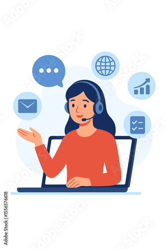 Virtual business assistant concept. Customer service operator with headset on laptop. Female consultant for online support, call center helpdesk, and remote business services.
