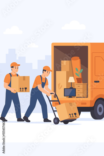 Relocation service concept with professional movers loading a delivery truck. A team of workers in uniform transports cardboard boxes and furniture with a hand truck for moving day.