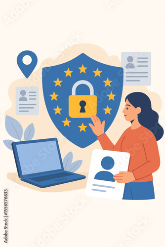 GDPR General Data Protection Regulation vector illustration. Concept of online privacy, security, and compliance. Woman managing personal data with laptop and EU shield with padlock.