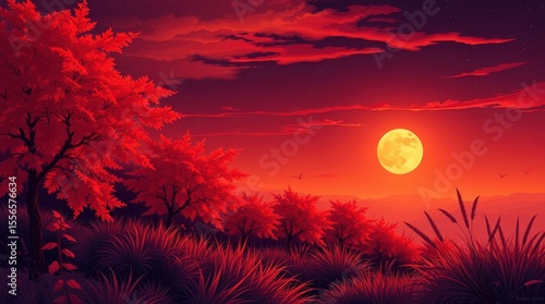Vibrant Red Sunset Landscape with Full Moon