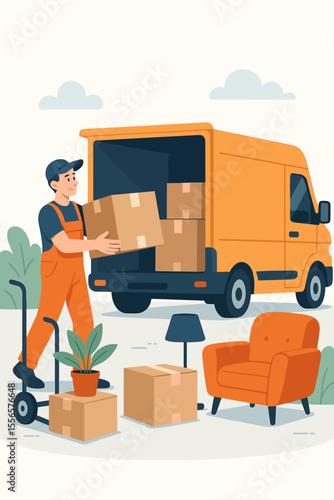 Moving service concept with a professional mover loading cardboard boxes and furniture into a delivery truck. Relocation, transportation, and cargo logistics flat vector illustration.