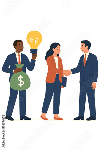 Business investment and partnership concept. Investor with money bag and light bulb idea funds a startup. Diverse business people, man and woman, shaking hands for a successful deal.