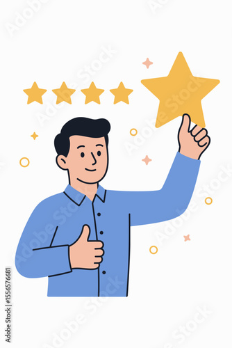 Customer satisfaction concept with a happy client giving a five-star rating. Positive feedback and user experience evaluation. Man shows thumbs up for excellent service and best performance.