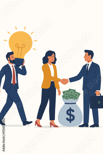 Business innovation partnership, successful team investor financing creative projects. Woman and man shake hands for idea development. Funding business plan, capital investment.