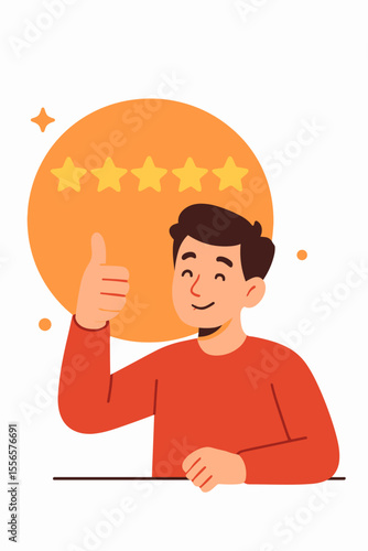 Happy customer giving positive feedback with thumbs up gesture. Five star rating for excellent service quality. Client satisfaction survey, review and evaluation concept vector.