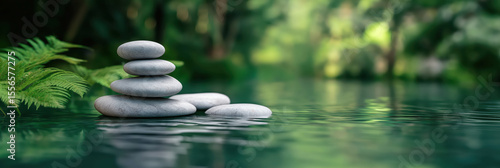 Panel kuchenny z motywem A serene zen-style pond with a stack of smooth stones in a peaceful setting.