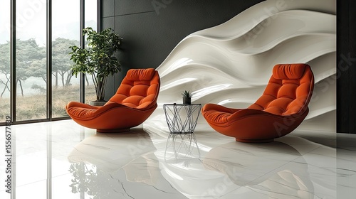 Two orange swivel chairs in a modern interior.