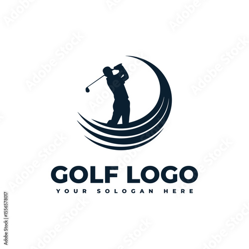 logo for golf with illustration of a golfer hitting a golf ball