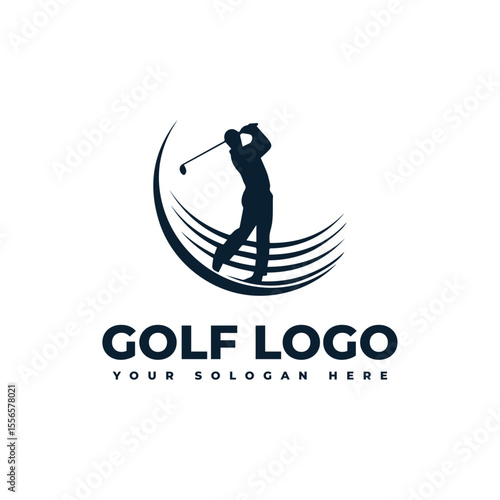 logo for golf with illustration of a golfer hitting a golf ball