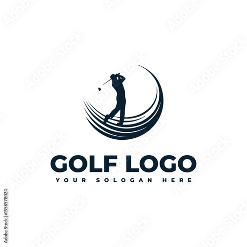 logo for golf with illustration of a golfer hitting a golf ball