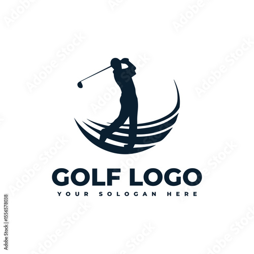 logo for golf with illustration of a golfer hitting a golf ball