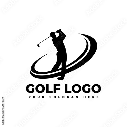 logo for golf with illustration of a golfer hitting a golf ball