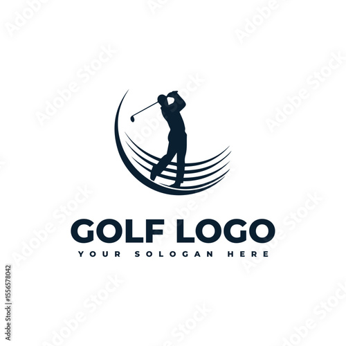 logo for golf with illustration of a golfer hitting a golf ball