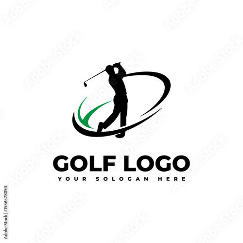 logo for golf with illustration of a golfer hitting a golf ball