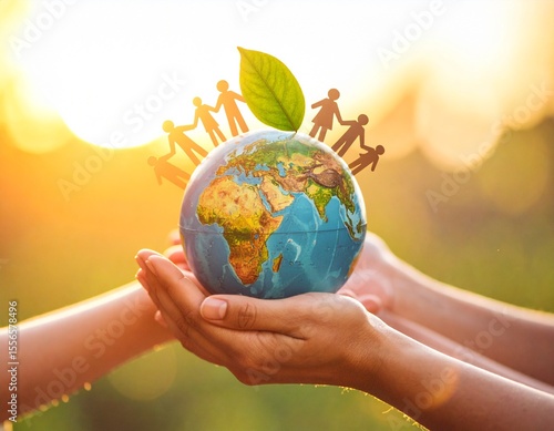 Hands gently hold a globe with paper people and a green leaf at sunset, symbolizing global unity, care for the Earth, and collective responsibility for the future