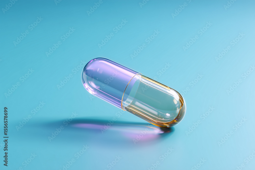 A close-up of a pill capsule on a pastel-colored granite background. Medication. Treatment. A close-up of a pill capsule on a pastel-colored granite background. Medication. Treatment.