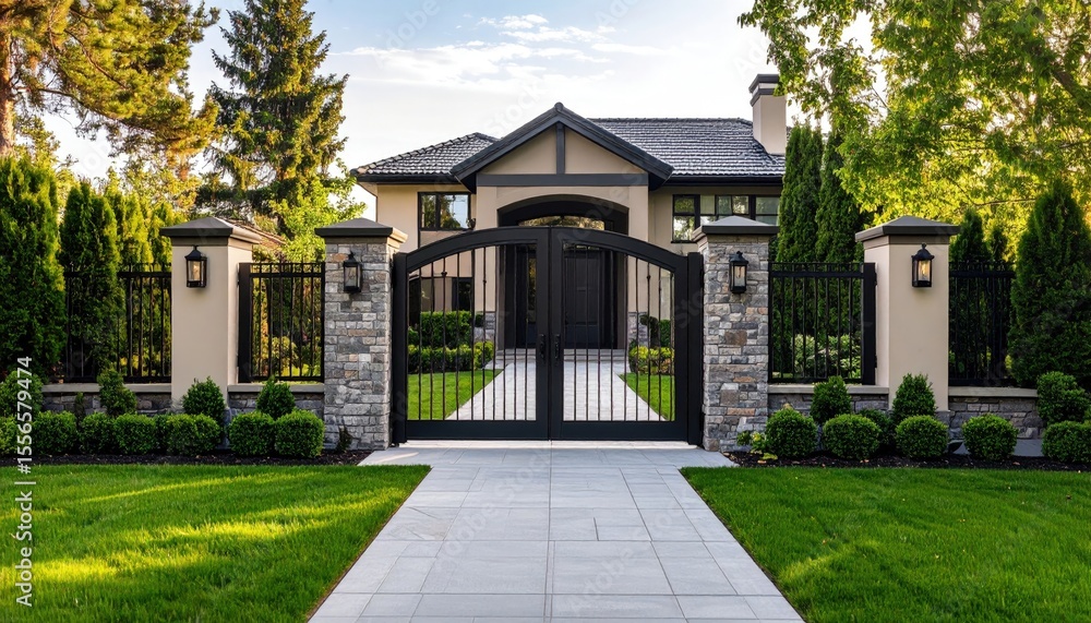 Fototapeta premium Elegant home exterior with manicured landscaping