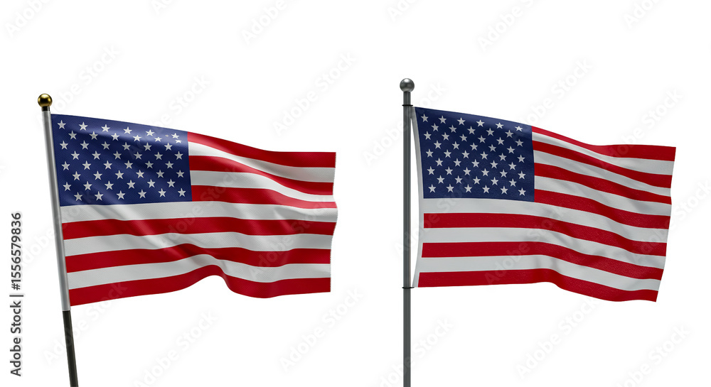 Obraz premium Two american flags waving on poles against a black background