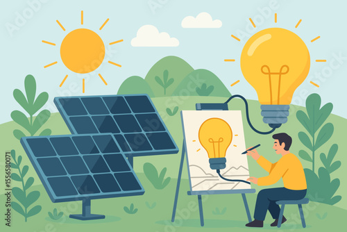 Renewable energy concept. Man designing solar power solution. Creative idea as a light bulb powered by the sun. Solar panels in a green landscape. Sustainable technology metaphor.