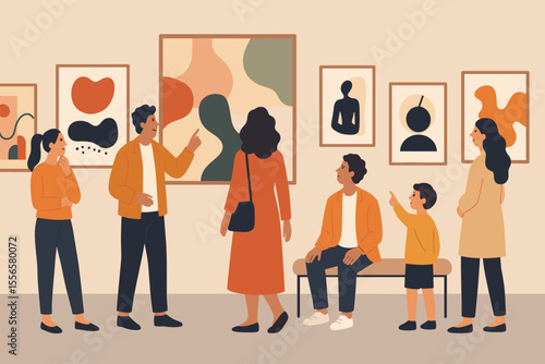 People visit a contemporary art gallery. Group of visitors looking at paintings at a museum exhibition. Family with child enjoying a cultural event. Modern flat vector cartoon illustration.