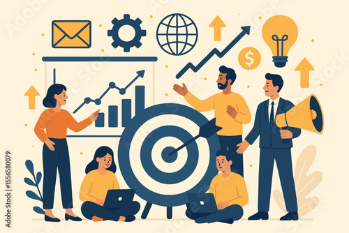 Business team developing marketing strategy. Vector concept of teamwork, targeting, data analysis, and promotion. People working with growth chart, megaphone for digital success.