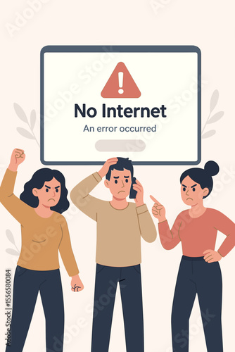 No internet connection error concept with angry, frustrated people. Bad service, technical problem, and unavailable website. Disconnection, system failure page. Cartoon vector.